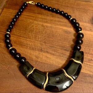 Vintage 1980's Black And Gold Resin Bead Necklace